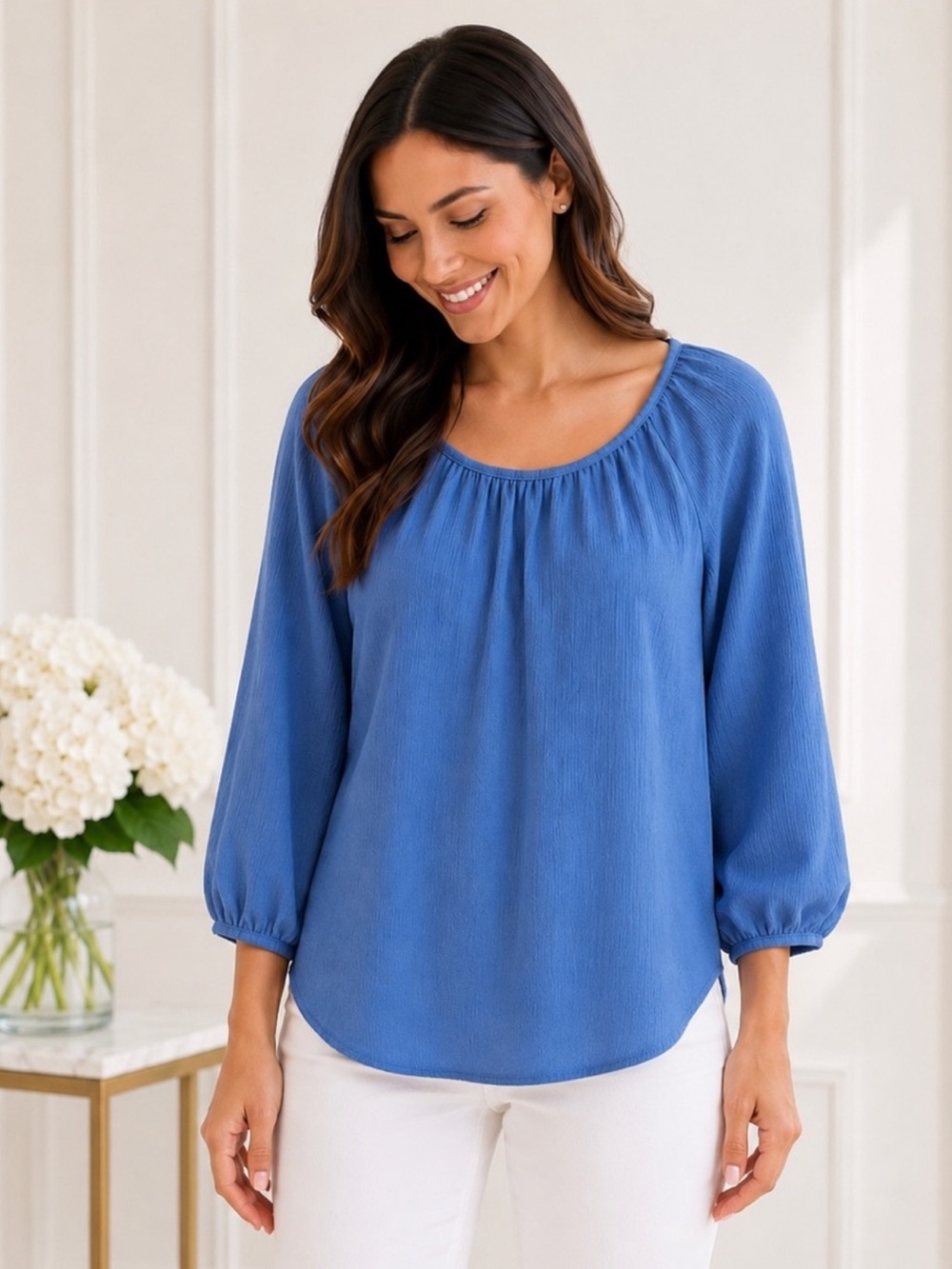 Croft & Barrow Blue Scoop Neck Peasant Blouse Balloon Sleeve Top NWT S